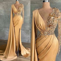 Women Evening For Satin Gold Beaded Dresses V Neck High Split Mermaid Prom Party Gowns Long Wrap Formal Robe De Soiree mal