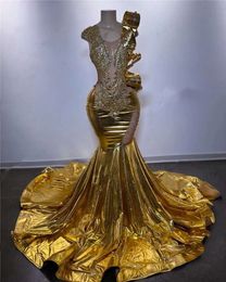 Gold O Neck Long Prom Gowns For Black Girls Beaded Crystal Birthday Party Dresses Mermaid Evening Dress Robe De Bal 0431