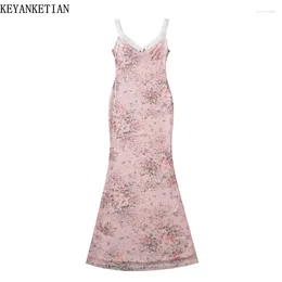 Casual Dresses KEYANKETIAN 2024 Launch Pastoral Style Flower Print Sleeveless Mesh Dress Women's Patchwork Slim Skinny Long MIDI Sundress