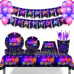Disposable Plastic Tableware Nighttime party table items tablecloths cardboard banners Napkins stripes balloons neon lights birthday party decorations WX
