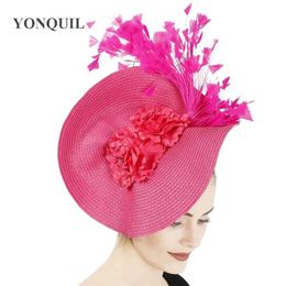 Wide Brim Hats Bucket Hats Pink Vintage Hair Accessory Women Feather Fascinator Hair Clips Elegant Wedding Bridal Party Headpiece Prom Cocktail Headwear Y240426