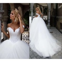 Ball Beaded Dresses Crystal Gown Off The Shoulder Cap Sleeves Tulle Custom Made Wedding Dress Vestido De Novia 403