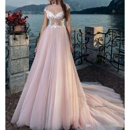 Sheer Short Sleeves A-Line Wedding Dresses Modest Bridal Lace Appliques Tulle Chapel Train Long Vestidos De Soiree Beach Gowns 0430