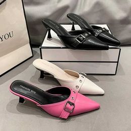 Dress Shoes 2024 New High Heel Mules Women Elegant Pointy Toe Fine Slide Slippers for Fashion Buckle Summer Sandals H240430