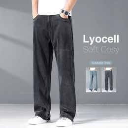 Summer Ice Silk Thin Light Gray Jeans for Men Loose Wide Leg Plus Size Casual Trousers High Quality Stretch Soft Fabric Pants 240422