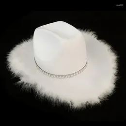 Berets Solid Color Fluffy Feather Trim Felt Wide Brim Cowgirl Hat Fashion Female Cap For Dating Party Pink Cowboy Adult