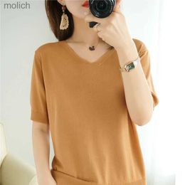 Women's T-Shirt 2022 Spring/Summer Womens Sweater Short sleeved T-shirt Loose Drawn Korean Top V-neck Knitted Bottom Thin EditionWX