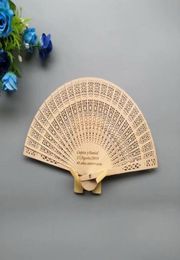 Party Favor 50PCS Personalized Wedding Fan Favors Wooden Hollow Out Sandalwood With Organza Bag Customized Folding Hand Engrave Lo2408820