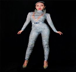 S65 Ballroom dance costumes Silvery gray Rhinestones Pearls Jumpsuit catwalk clothe Bling Crystals Bodysuit party catwalk performa8960629