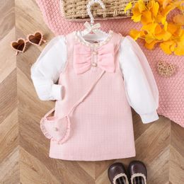 Girl Dresses Toddler Girl's Mesh Sheer Long Sleeve Top & Bowknot Dress Crossbody Bag Cute Set 3 Piece Outfits Baby