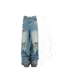 Women's Jeans Women Y2k Wide Leg Pants Vintage Baggy High Waist Straight Ripped Korean Hip Hop Blue Denim Trousers Streetwear 2024