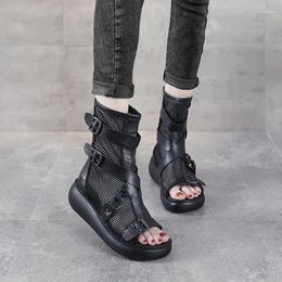 Casual Shoes Leather Sandals Women's Hollow Mesh Breathable High-Top Wedge Platform Fish Mouth