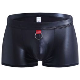 Faux Leather Shorts Man Boxer Sexy Men Underwear Briefs Slip Seamless Penis Pouch Male Panties Soft Fashion Ring Black Underpant