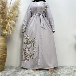 Ethnic Clothing Flower Embroidery Open Abayas For Women Muslim Kimono Cardigan Eid Ramadan Belted Jalabiya Arabic Robe Dubai Dress Turkey