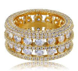 Mens 2 Row Set Hollow 360 Eternity Band Gold CZ Bling Ring Full Simulated Diamonds Micro Pave Set Stones Hip Hop Rings5953208