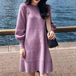 Casual Dresses Christmas Autumn Winter Women Long Sleeve Solid Colour Knitting Puff Large Hem Knee-length Dress For Daily Wear