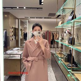 Maxmaras Womens Wrap Coat Camel Hair Coats Arona Series Solid Color Long Sleeve Wool Polo Collar Medium Length for Women Rj95