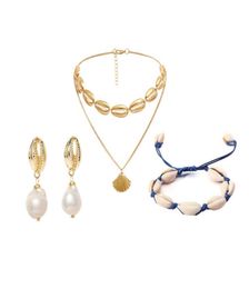 Fashion sea shell starfish imitation pearl necklace earrings bracelet Jewellery set 3 piece set ladies birthday gift6385989