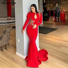 Party Dresses Smileven Red Soft Satin Mermaid Evening Dress Long Sleeve Saudi Arabia Prom Dubai Celebrity Lace Gowns