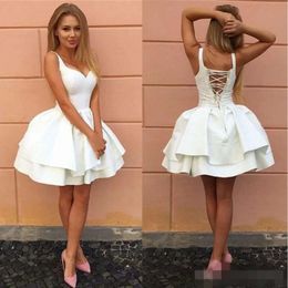 Homecoming Ivory Dresses Satin Short Tiered Skirt Lace Up Back Straps Sweetheart Neckline Tail Party Gowns Formal Prom Wear