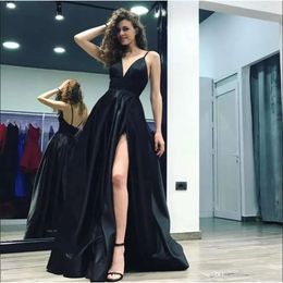 Prom Dresses V-Neck Black Deep A-Line Evening Gowns Spaghetti Straps High Split Sweep Train Satin Special Ocn Dress