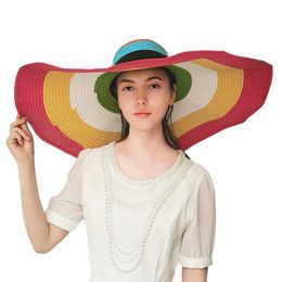 Wide Brim Hats Bucket Hats 25CM ultrafine wide striped rainbow striped Str beach hat suitable for women large UV protection summer soft padded foldable sun hat J24042