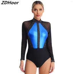 Stage Wear Womens Rhinestones Dance Leotard Colour Block Patchwork Keyhole Back Sheer Mesh Bodysuit For Gymnastics Figure Skating