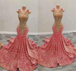 Pink O Neck Long Prom Dress For Black Girls 2024 Beaded Crystal Birthday Party Dresses Sequined Evening Gowns Robe De Bal 0431