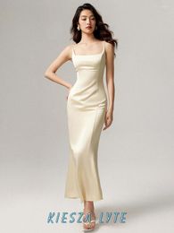 Casual Dresses Evening Summer Sexy Slim Waist Satin Strap Long Dress For Women Elegant Party 2024 One-piece Gown