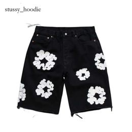 Short Jean For Mens Denim Shorts Luxury High Qulity Straight Holes Tight Flower Printing Shortpants Slim Hip Hop Street Denim Teara Black Pants Clothing 9027