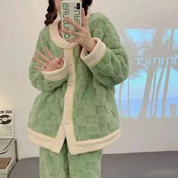 Women's Sleepwear Patchwork Women Pajama Sets Winter Fleece Piiama Korean Style Pants Suit 2 Pieces Sleeping Home Clothes Night Wear