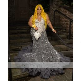 För klänning Sier Sparkly Prom Black Girls Plus Size Glitter Sequin Crystal Rhinestones Ruffle Bead Evening Party Gown