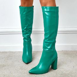 Boots 2024 Fashion Green Pointed Toe Zip Knee-High Women Autumn Winter Square Heels Pumps Motorcycle Shoes Size 35-42