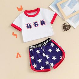 Clothing Sets 4th Of July Kids Girls Outfits Letter Print Crew Neck Short Sleeve T-Shirts Stars Shorts 2Pcs Clothes Set