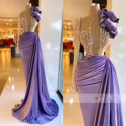 Prom One Purple Veet Shoulder aftonklänningar Beaded Ruffles Formell klänning för kvinnor eleganta sjöjungfru veckor Robe de BC14029