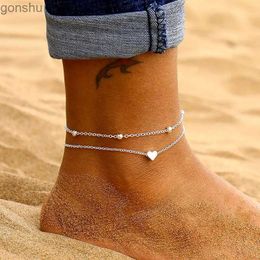 Anklets LETAPI double-layer heart-shaped chain gold/silver colored ankle suitable for womens summer barefoot sandals jewelry on the feet WX