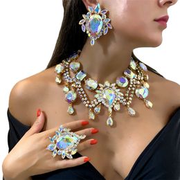 Costume Accessories 3pc Exquisite Shiny AB Crystal Necklace Earrings Ring Set Women's Fashion Banquet Party Jewelry Set, Wearing Accessories