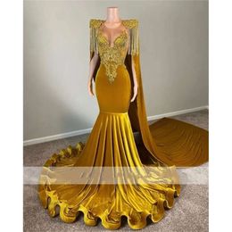 Diamonds Long Prom Dresses Gold With Cape Sparkly Crystals Rhinestones Beads Gown Tassels Birthday Party Gowns S S