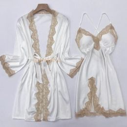 Home Clothing Lace Kimono Robe Gown Suit With Strap Nightgown Female Sleepwear Summer Bathrobe Sexy Satin Lingerie Suspender Nightdress