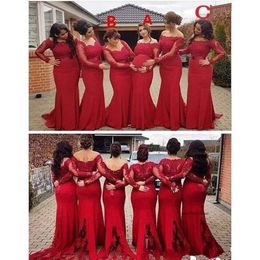 Новые дешевые темно -красные платья подружки невесты для свадьбы Три стиля кружевные аппликации с длинными рукавами.