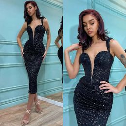 Black Sequins Straps Dresses Fashion Illusion Prom V Neck Evening Gowns Pleats Formal Red Carpet Special Ocn Party Dress