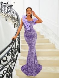 Casual Dresses Missord Elegant Purple Sequin Mermaid Evening Dress Women Ruffles One Shoulder Sleeveless Bodycon Maxi Party Prom Gown