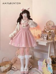 Casual Dresses Sweet Cute Girl 3D Ear Hooded Vest Autumn Winter Kawaii Printed High Waist Slim-Fit Pink Mini Dress Women