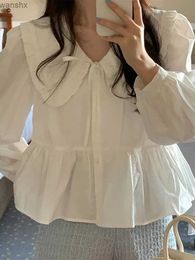 Women's Blouses Shirts Womens loose and cute lace top womens top spring and summer fashionable long sleeved pure white shirt womens topL2405