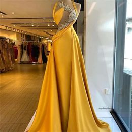 Mermaid Evening Dresses Bright Yellow Beaded Lace Appliques Sexy Top Illusion Prom Gowns Elegant Satin Vestido De Novia 0431