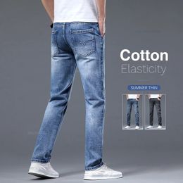 Classic Summer Mens Thin Stretch Fit Jeans Business Casual Slim Fit Denim Pants Soft Fabric High Quality Straight Leg Trousers 240425