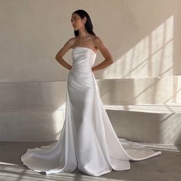 Classy Long Strapless Satin Wedding Dresses Mermaid Ivory Pleated Lace Up Back Vestido De Noiva Sweep Train Bridal Gowns for Women