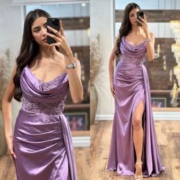 Prom Neck Satin Elegant Dresses V Purple Evening Dress Pleats Backless Formal Long Special Ocn Party Dress