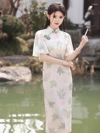 Ethnic Clothing Chinese Traditional Printed Daily Qipao Woman Elegant Split Dress Female Flying Sleeve Cheongsam