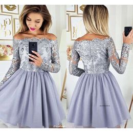 Off Shoulder Sexy Sier 2019 Homecoming Lace Appliques Long Sleeves Ruffles Satin Short Prom Dresses Graduation Abendkleider 0430